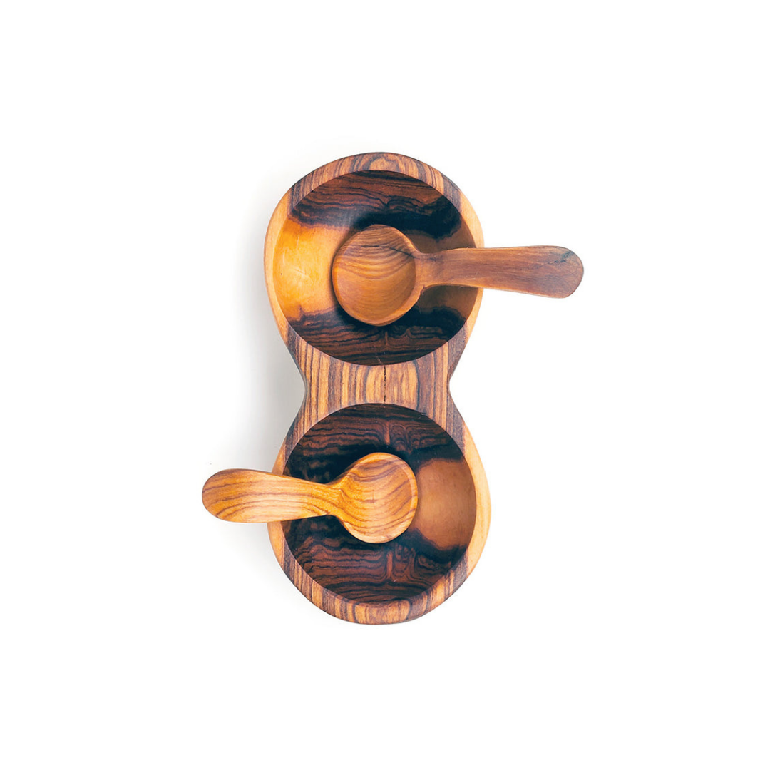 Kenyan Olivewood Double Spice Bowl with Spoons