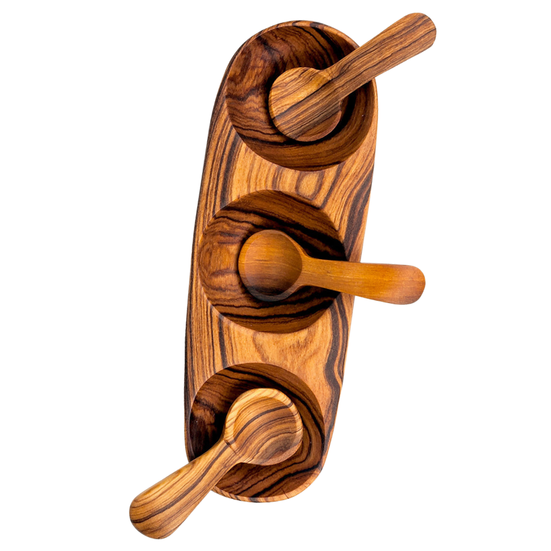 Kenyan Olivewood Triple Spice Bowl with Spoons