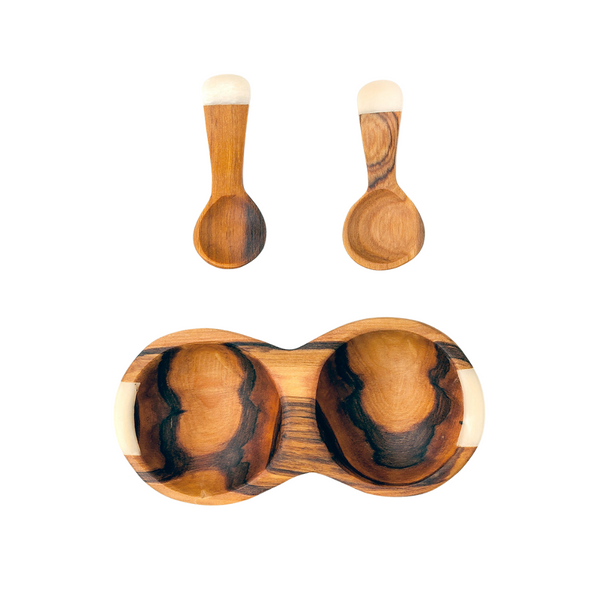 Kenyan Olivewood + Bone Double Spice Bowl with Spoons - White