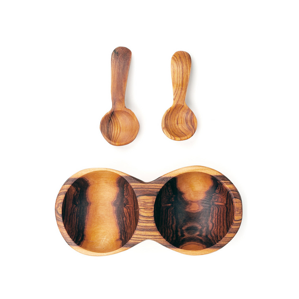 Kenyan Olivewood Double Spice Bowl with Spoons