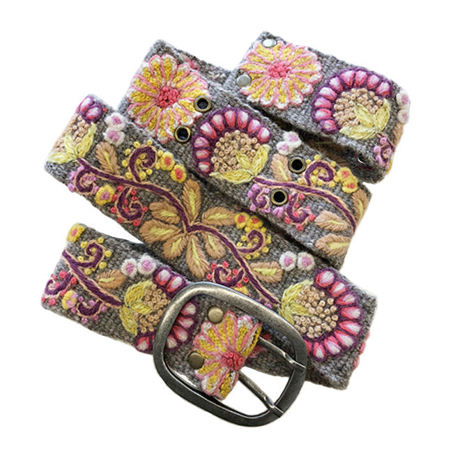 Hand-Embroidered Belt - Floral Heather Gray