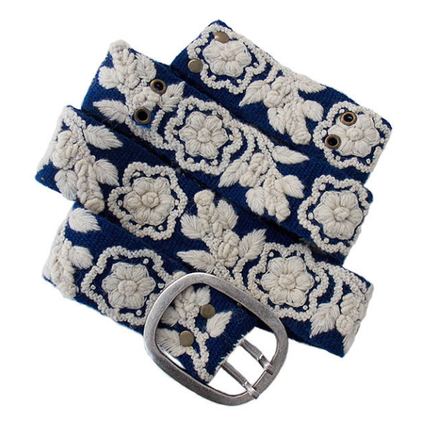 Hand-Embroidered Belt - Blue with White Flowers