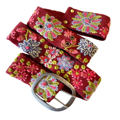 Hand-Embroidered Belt - Teaberry