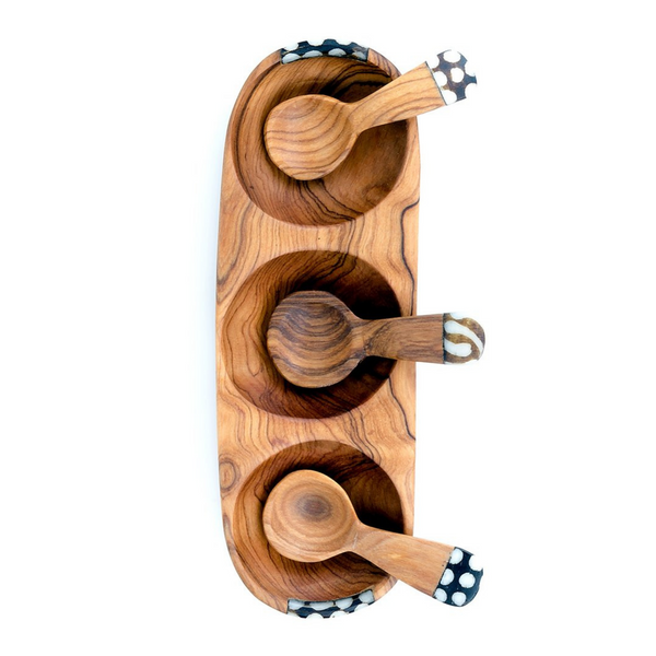 Kenyan Olivewood + Bone Triple Spice Bowl with Spoons - Batik