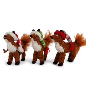 Handknit Fox in Hat Ornament