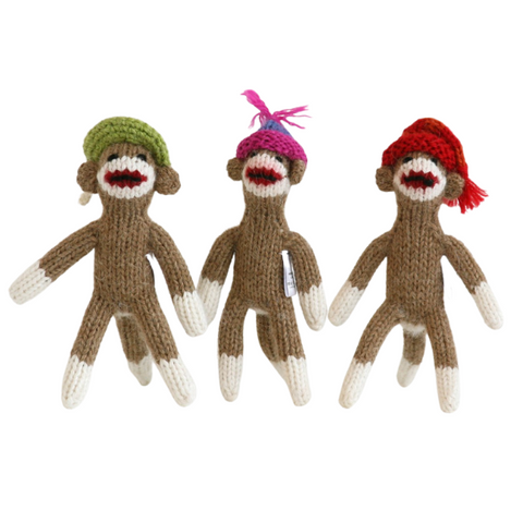 Handknit Sock Monkey in Hat Ornament - Assorted Colors