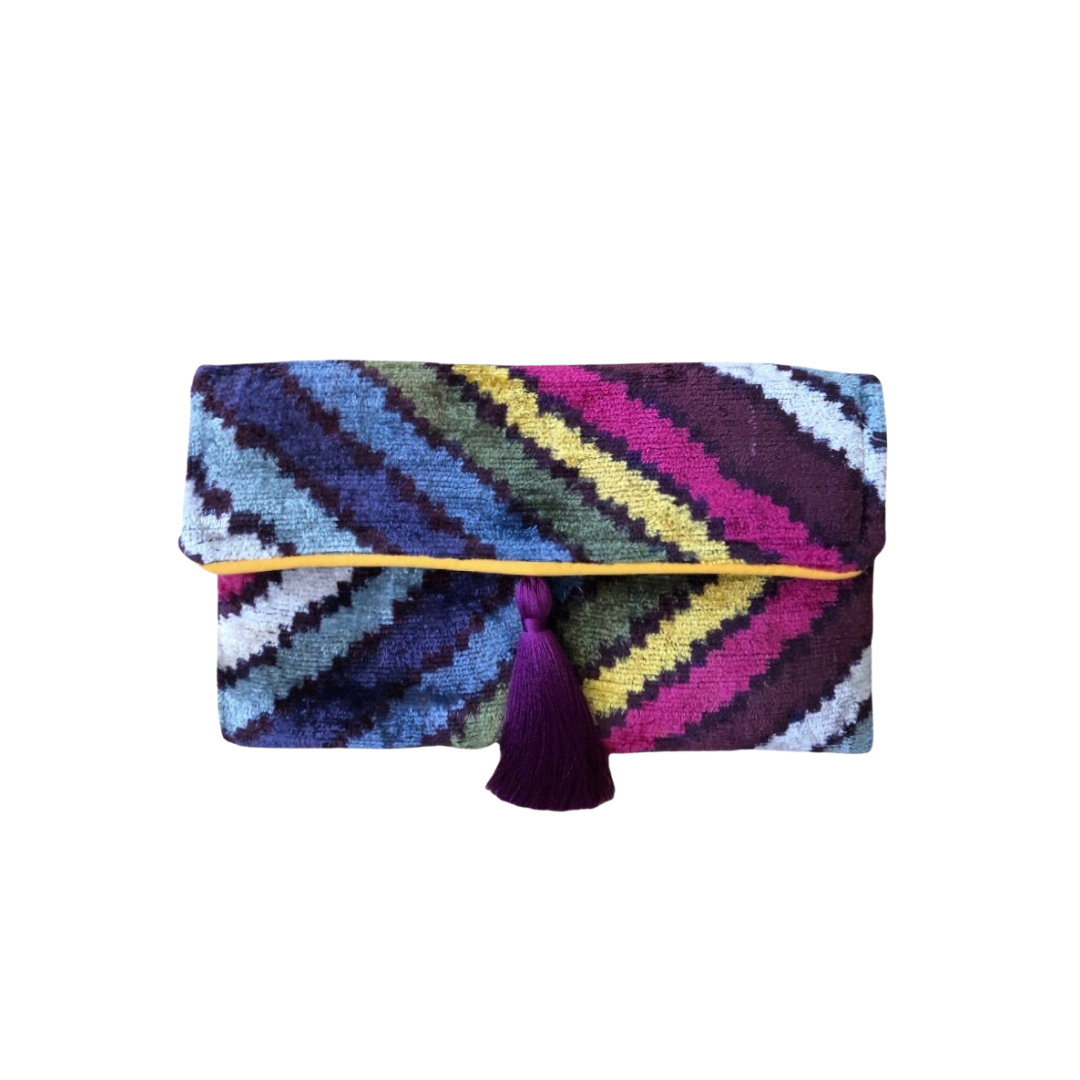 Turkish Silk Velvet Ikat Clutch - Multicolor Stripe